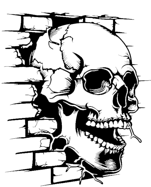 Clip-art design: brickwall-skull JPT-OD-F2-UV CB-SS-LTR-WD-CRK-LTHR DE